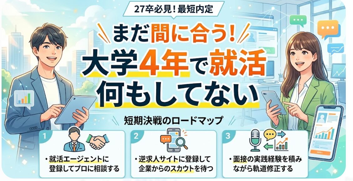 大学4年で就活何もしてない27卒でもまだ間に合う。就活エージェントでのプロへの相談、逆求人サイトでのスカウト待ち、面接の実践と軌道修正の3つのポイントで内定獲得を目指す。