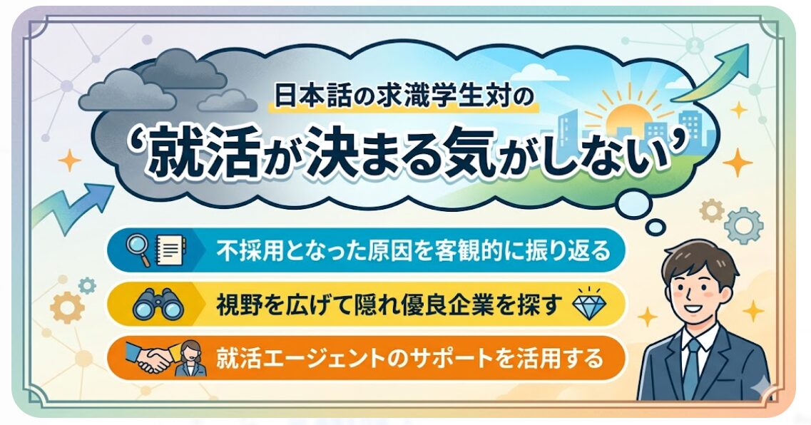就活が決まらないと焦る必要はありません。失敗を振り返り、視野を広げて就活エージェントに頼ることが、内定への最短ルートです。