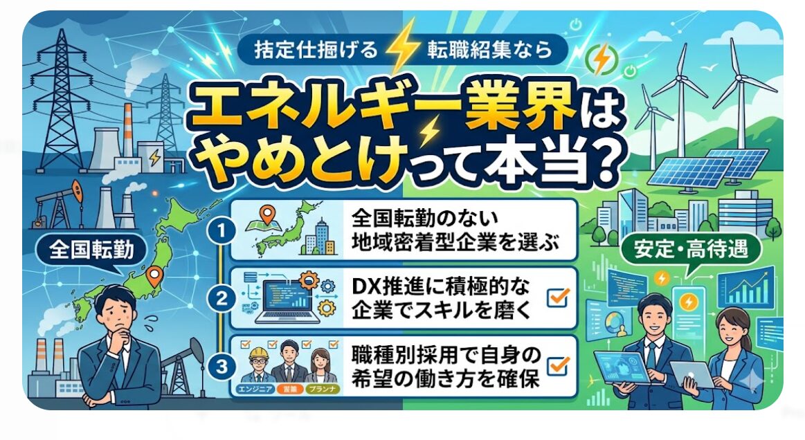 「エネルギー業界やめとけ」の噂は正しい企業選びで回避可能です。地域密着型や職種別採用を活用し、圧倒的な安定と高待遇を手に入れましょう。