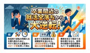 就活全落ちでも人生終了ではない。プロを頼り、自分の状況（留年・既卒・秋採用）に合わせて行動を再開すれば、大逆転内定は可能。