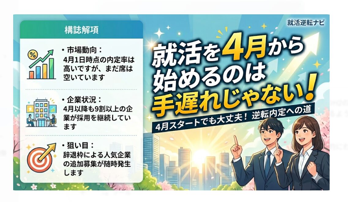 4月からの就活は手遅れではありません！プロやツールをフル活用し、優良なBtoB企業を狙えば、今からでも納得の内定を獲得できます。