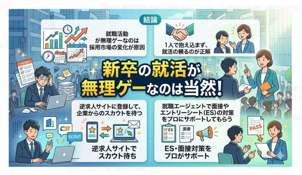 就活が無理ゲーなのは構造の問題。1人で悩まず、プロのエージェントや逆求人サイトに頼り、自分に合った働き方を見つけよう。