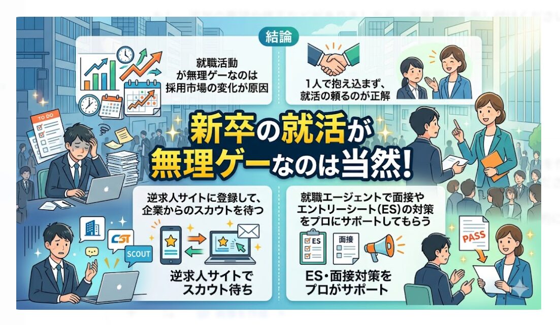 就活が無理ゲーなのは構造の問題。1人で悩まず、プロのエージェントや逆求人サイトに頼り、自分に合った働き方を見つけよう。