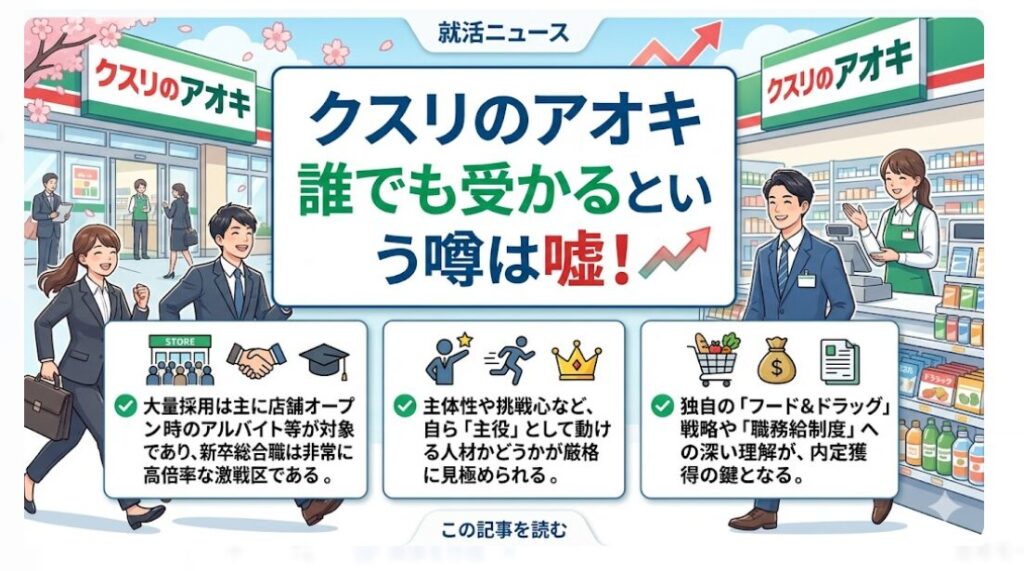 新卒の「誰でも受かる」は嘘です 。採用倍率20〜30倍の激戦突破には、独自のフード＆ドラッグ戦略や職務給制度の深い理解が不可欠です 。