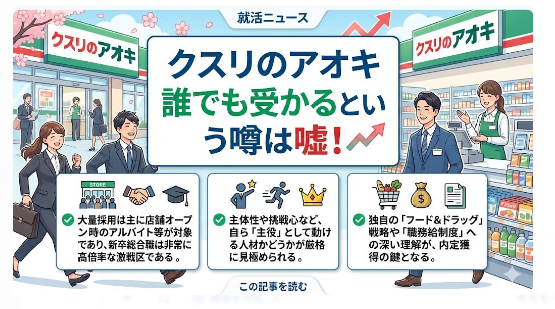 新卒の「誰でも受かる」は嘘です 。採用倍率20〜30倍の激戦突破には、独自のフード＆ドラッグ戦略や職務給制度の深い理解が不可欠です 。