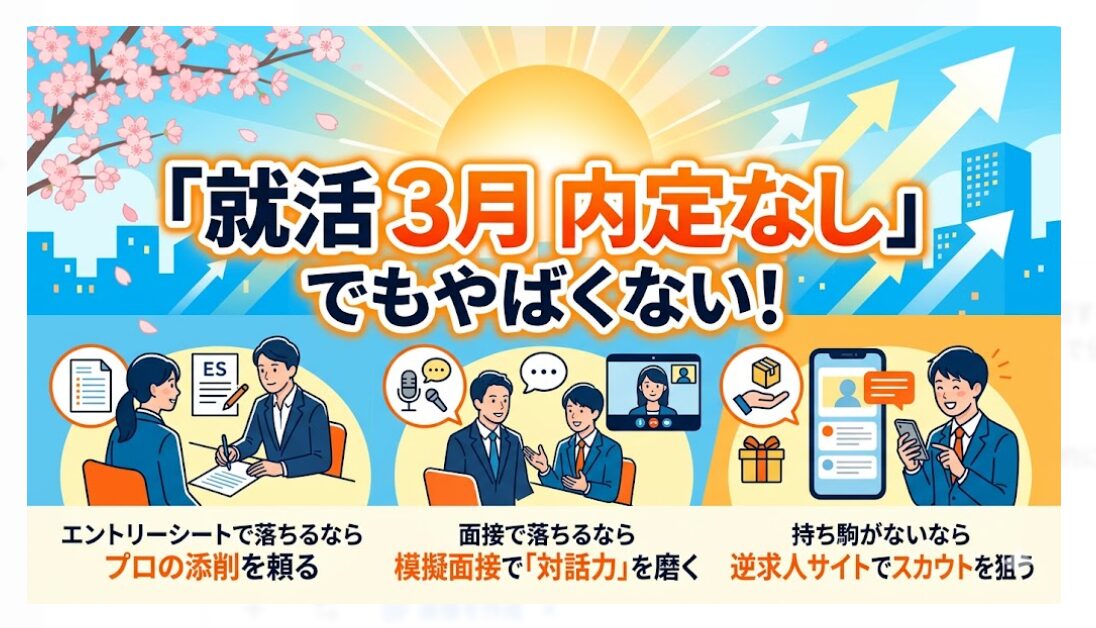 3月内定なしは手遅れではない。ES添削や逆求人、客観データでの企業見極めという正しい方法で努力すれば、焦らず挽回できる。