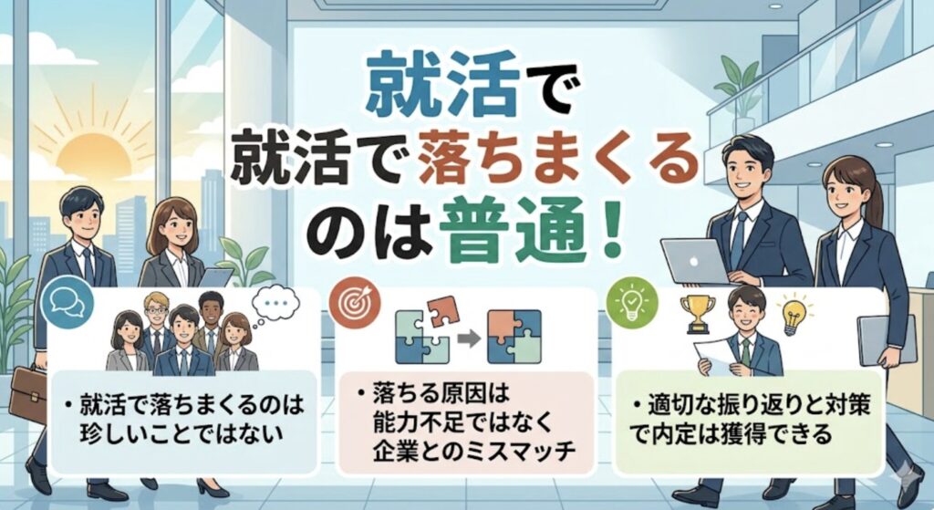 就活で落ちまくるのは普通。企業とのミスマッチによるものなので、フェーズごとの明確な対策を行うことが重要。