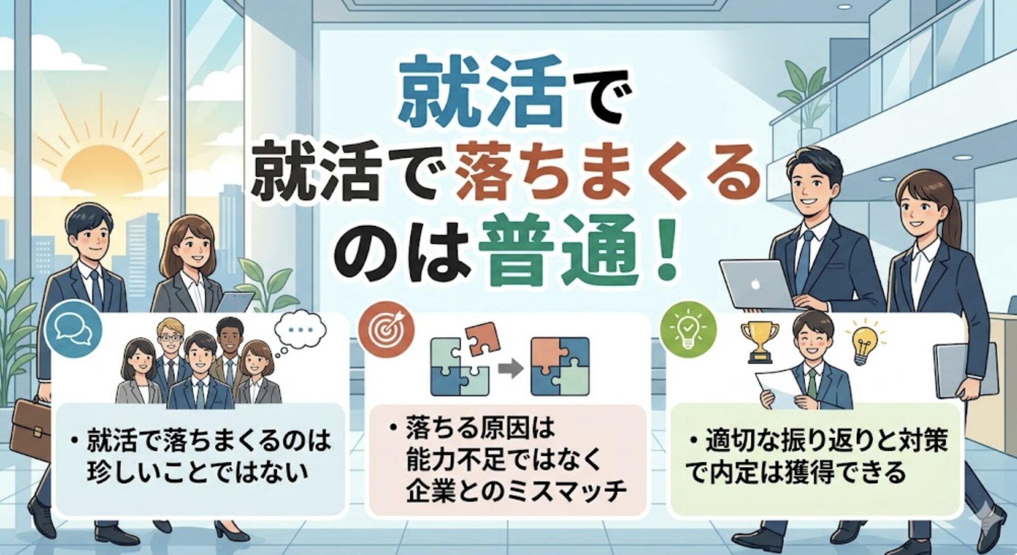 就活で落ちまくるのは普通。企業とのミスマッチによるものなので、フェーズごとの明確な対策を行うことが重要。
