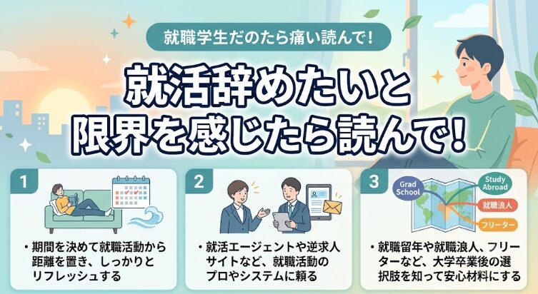 就活に限界を感じたら無理せず休み、プロの力や逆求人等を活用してやり方を戦略的に転換。視野を広げ、自分軸で納得の内定を目指そう。